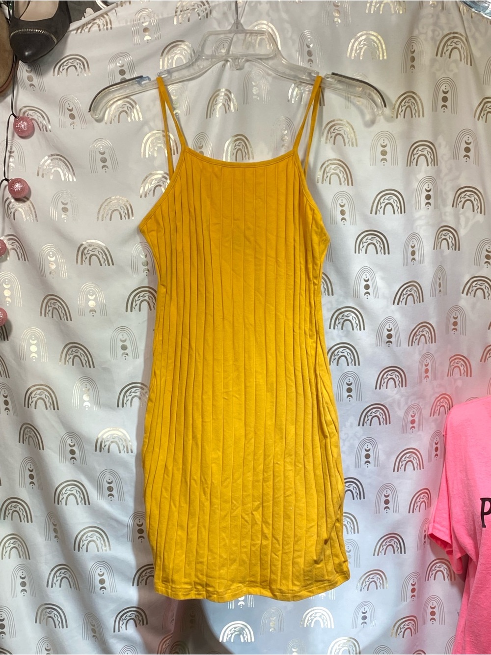 SHEIN Mustard Ribbed Spaghetti Strap Dress